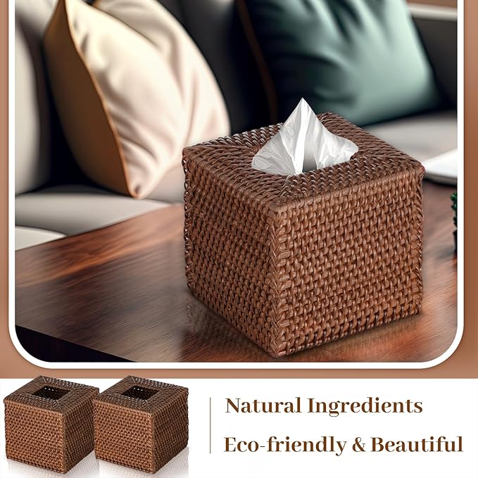 Kigley 2 Pcs Square Rattan Tissue Box Cover Boho Wicker Tissue Cube Box Cover 5.5'' x 5.5'' x 5.5'' Decorative Natural Wicker Hand Woven Napkin Box Holder Bathroom Office Car Accessories (Brown)