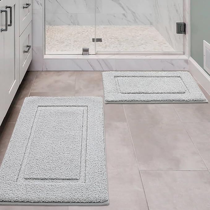 ZOESIOER Bathroom Rugs Sets 2 Piece, Ultra Absorbent Soft Bath Rug, Machine Washable Microfiber Non-Slip Bath Mat for Bathroom Floor, Tub, Toilet, Shower Room, Light Grey