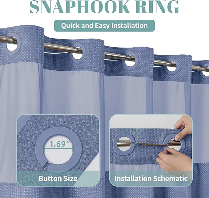 eachope MoonLightBlue Extra Long No Hook Waffle Weave Shower Curtain with snap-in Liner Replacement, 230GSM Waterproof Fabric Hotel Shower Curtain Set for Bathroom, Through Mesh Top Window,71Wx86H