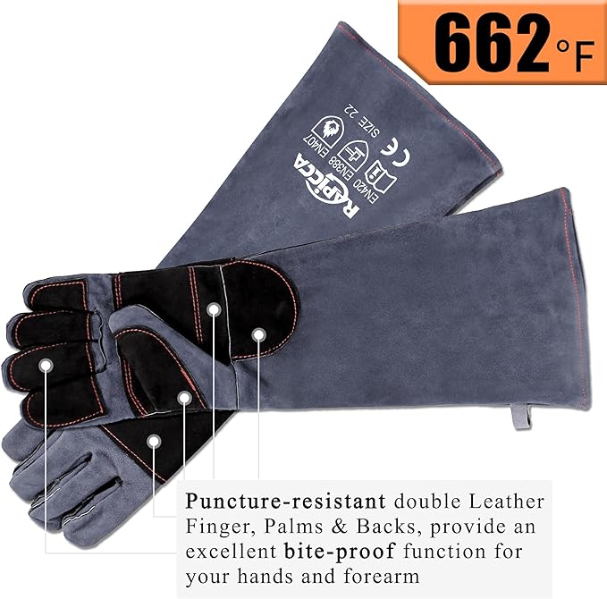 RAPICCA Animal Handling Gloves Bite Proof Reinforced Leather Padding Dog,Cat Scratch,Bird Handling Falconry Gloves Grabbing,Reptile Squirrel Snake Bite 22in Grey-Black