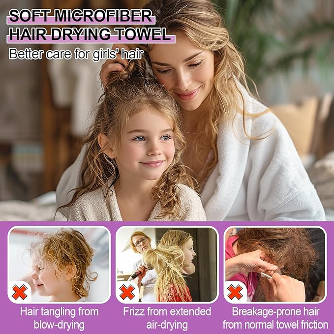 MADHOLLY Microfiber Hair Towel for Kids Gifts - Soft Super Absorbent Rapid Drying Hair Towel Wrap Turban for Girls Women with Button, Anti-Frizz for Thicker Curly Long Hair, 3Pack