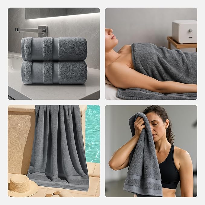 REDKISS 100% Cotton Bath Towels Set of 2, Extra Large Bath Sheets 35 X 70 Inches, 800 GSM, Quick Dry, Ultra Soft & Super Absorbent Bathroom Towel Sets for Bathroom, Gym, Spa, Pool & Hotel, Grey
