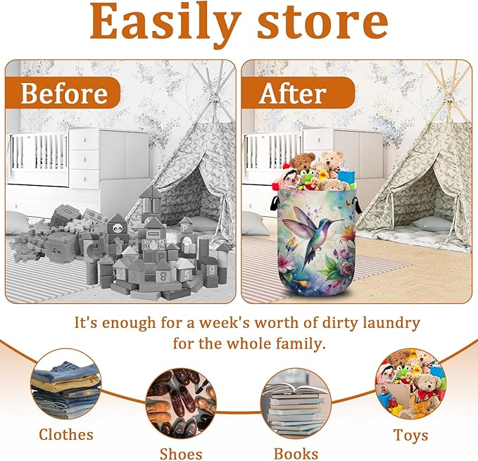 Flower Bird Laundry Basket with Sturdy Handles, Colorful Floral Collapsible Oxford Cloth Laundry Hamper Organizer Basket for Bathroom Bedroom 15.7x20 Inch