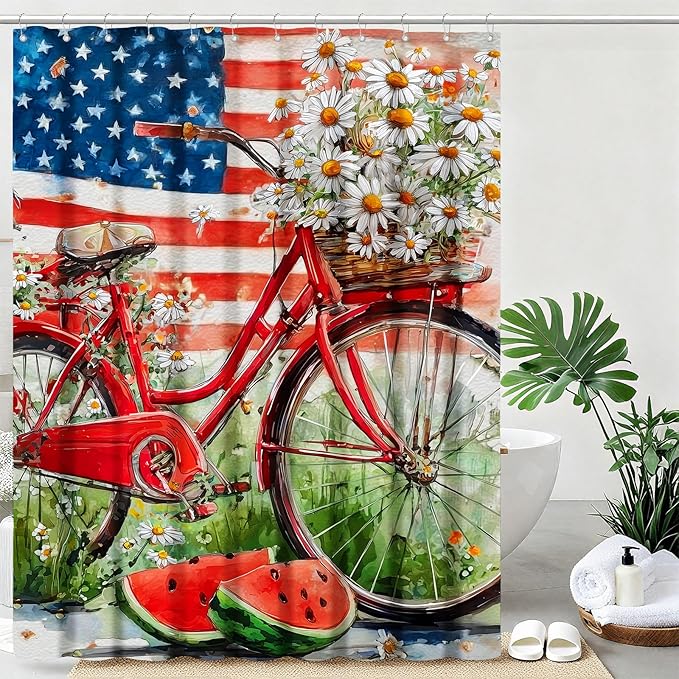mutakin American Flag Shower Curtain Watercolor Bike Flowers Shower Curtains for Bathroom Waterproof Fabric Bath Curtain Decor with Hooks