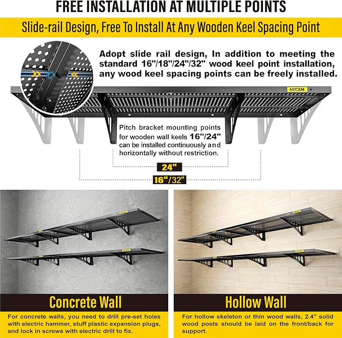Aecxm 4-Pack 1.64x4ft Adjustable Garage Wall Shelving 1120lbs Load Capacity Heavy Duty Wall Mounted Storage Shelf Metal Floating Shelves for Garage(Black)