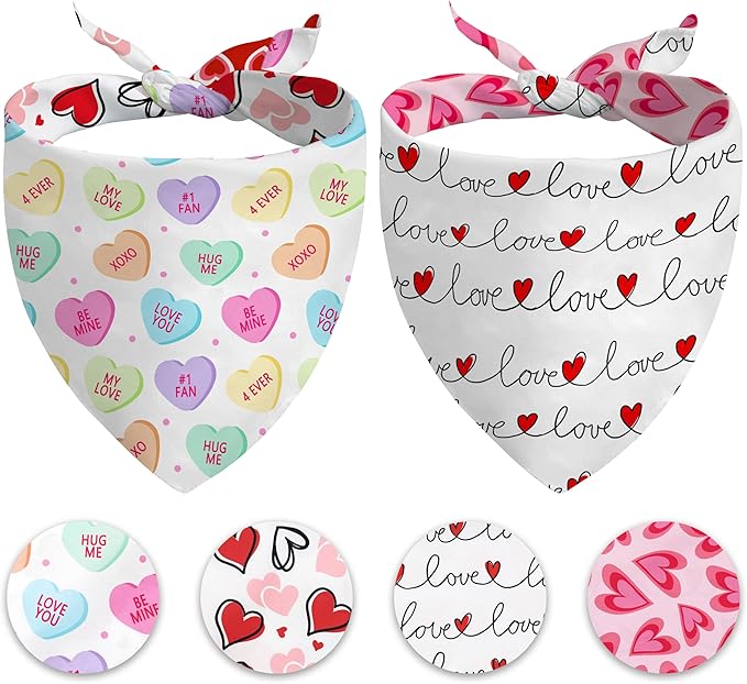 Valentine's Day Dog Bandana Reversible 2 Pack, Valentine Day Pet Bandanas for Dogs Love Heart Adjustable Triangle Holiday Scarves for Medium Large Extra Large Boy Girl Dogs