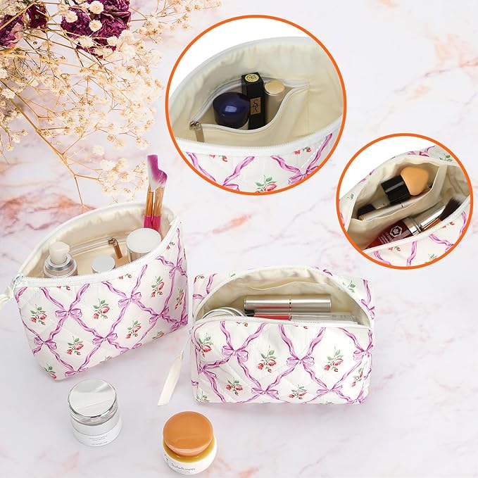 HAOGUAGUA 2 Pieces Makeup Bag, Small Large Quilted Cosmetic Bag, Travel Floral Make Up Toiletry Organizer Bag for Women Girls (2PCS STYLE A-4)