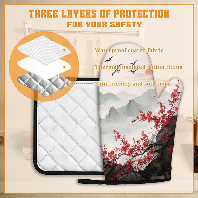 Cherry Blossom Moutain Oven Mitts and Pot Holders,Red Sun Japan Heat Resistant Oven Mitts Gloves and Pot Holder for Home Kitchen Decorations Cooking Baking BBQ Gifts,Set of 4