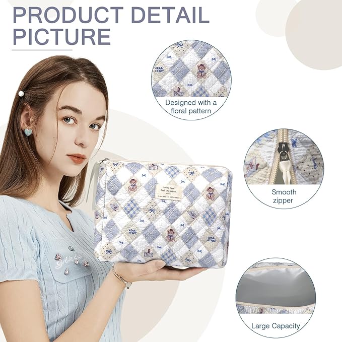 Gosect 2PC Makeup Bag Set, Cute Cosmetic Bag for Women Girls, Floral Coquette Aesthetic Toiletry Bag, Travel Make Up Organizer Bag (Care Bear)