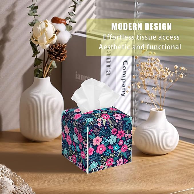 BLYKVGHQ Square Tissue Box Cover Colorful Flowers and Leaves Tissue Box Holder Facial Cube Paper Dispenser Leather Decorative Organizer Home Office Desk Decor, 5.2"x5.2"x5.2"