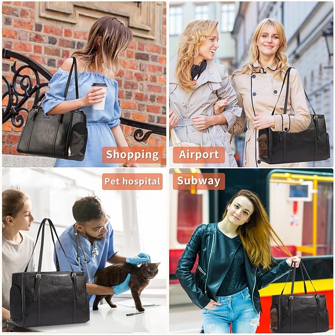 Lasaviin Fashion Dog Purse Pet Carrier Leather Bag for Small Dogs Cats Puppy, Portable Tote Bag Airline Approved Soft-Sided Carriers (Black)