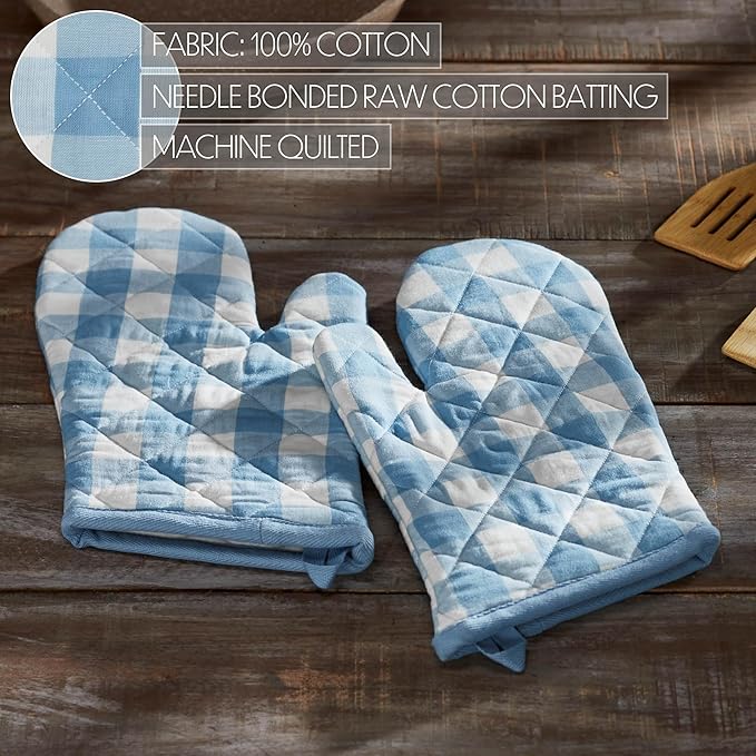 VHC Brands Cotton Oven Mitt Set of 2, Heat Resistant, Baking Glove Pot Holder, Kitchen Mitts, Annie Buffalo Check Collection, 12.5x8, Dusk Blue & White Checkered