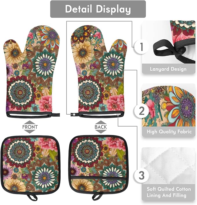 Oven Mitts and Pot Holders, Bohemian Floral Kitchen Mittens and Pot Holder 2Pcs Set, Retro Pattern High Heat Resistant Kitchen Hot Pads and Mitts for Chef Cooking, Baking, BBQ, Picnic