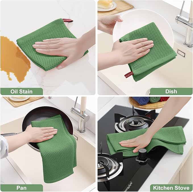 Homaxy 100% Cotton Kitchen Towels and Dishcloths Set, 12 x 12 Inches and 13 x 28 Inches, Set of 12 Bulk Kitchen Towels Set, Ultra Soft Absorbent Dish Cloths for Washing Dishes, Grass Green