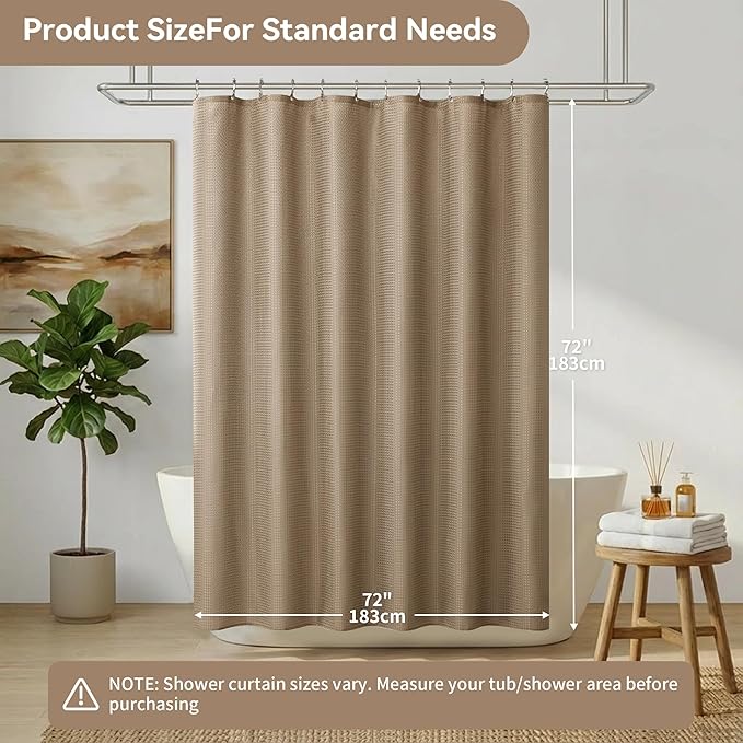 Lameirose Shower Curtain and Liner Set, 3 in 1 Waffle Shower Curtain Set with 12 Double Sided Shower Curtain Hooks, Fabric Shower Curtains for Bathroom, Beige, 72 x 72