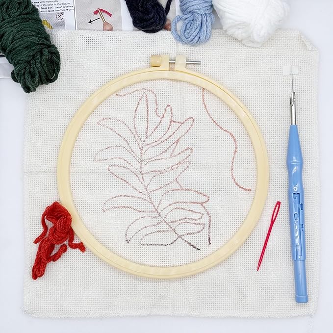 Allazone 3 Set Punch Needle Embroidery Starter Kits for Beginners, Include Punch Needle Fabric with Leaf Pattern, Yarns, Embroidery Hoops, Threader Tools and Instructions (Leaf)