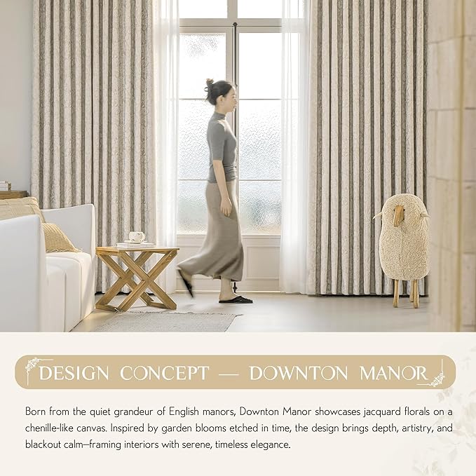 Beauoop Beige Floral Jacquard Blackout Curtains 108 Inches Long 2 Panels for Bedroom Living Room Taupe Flower Chenille Room Darkening Thermal Soundproof Grommet Window Treatments Drapes 52x108