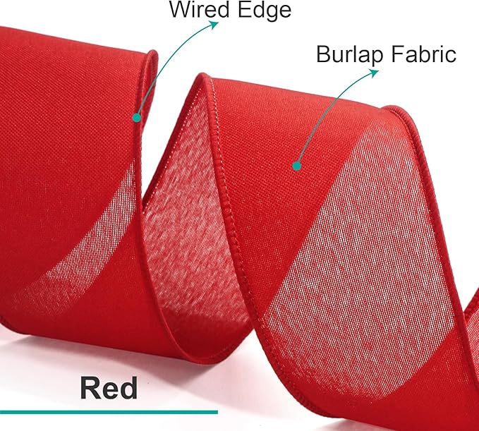 CT CRAFT LLC Burlap Fabric Wired Ribbon 2.5 Inch x 10 Yards Red for Christmas Home Wedding Decor Gift Wrapping Tree Topper Bow Wreath Bouquet DIY Crafts
