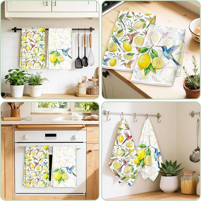 Ruirichfun Lemon Kitchen Towels,Set of 2 Spring Dish Towels for Kitchen Cute Lemon Flower Decoration Towels Microfiber Absorbent Reusable Cloth Dish Towel for Decorative Housewarming Vintage Design