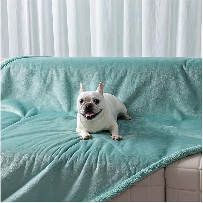 Maidewow Waterproof Green Dog Blanket Reversible Pet Bed Cover Puppy Throw Blankets Leakproof Sofa Couch Cover Cat Pet Jacquard Blanket for Warm Fluffy Washable Mat-Green,L-65x57in