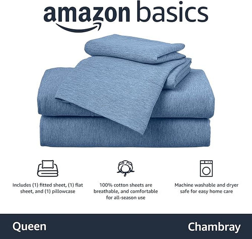 Amazon Basics 4 Piece Bed Sheets Set, 100% Cotton Jersey, Includes Super Soft, Flat and Fitted Sheets, Pillowcase, Queen, Chambray, Solid