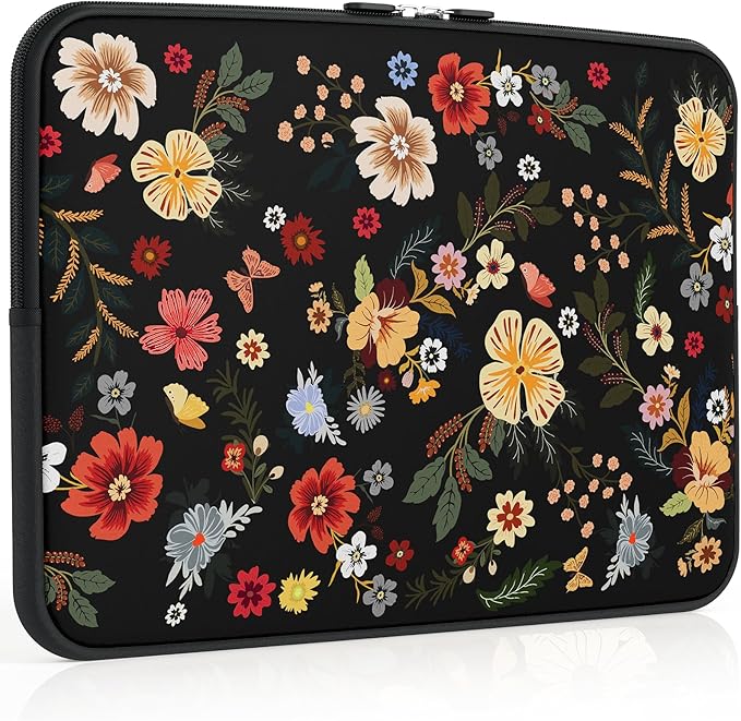 iCasso Laptop Sleeve 13 inch for MacBook Air 13-13.6 inch, Cute Laptop case for MacBook Pro 13 inch, Slim Protective Travel Carrying Case for MacBook Pro 14 inch, Chromebook, HP, Dell, Black Floral