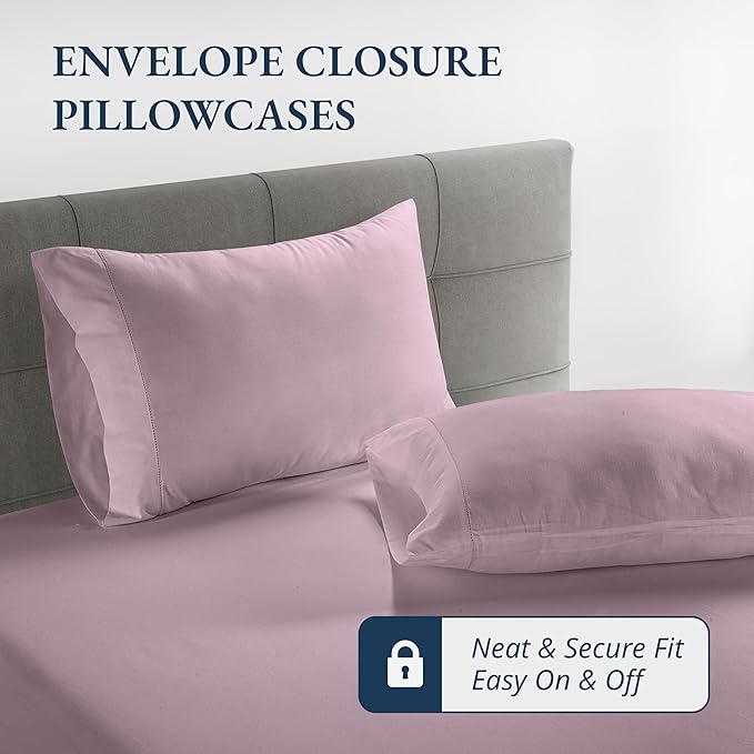 LANE LINEN 100% Organic Cotton Fitted Bed Sheets (+Pillowcase) 3 Pc Set Soft & Comfy Fully Elasticized Mercerized Cotton Deep Pocket Queen Fitted Sheet Fits Mattress Upto 15" Deep - Lilac