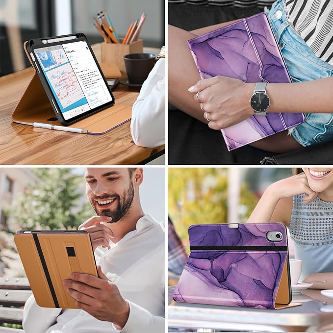 DTTO for iPad (A16) 11th Generation Case 11 Inch 2025, iPad 10th Generation Case 10.9 Inch 2022, Premium Leather Business Folio Stand Cover with Pencil Holder - Auto Wake/Sleep, Purple Marble