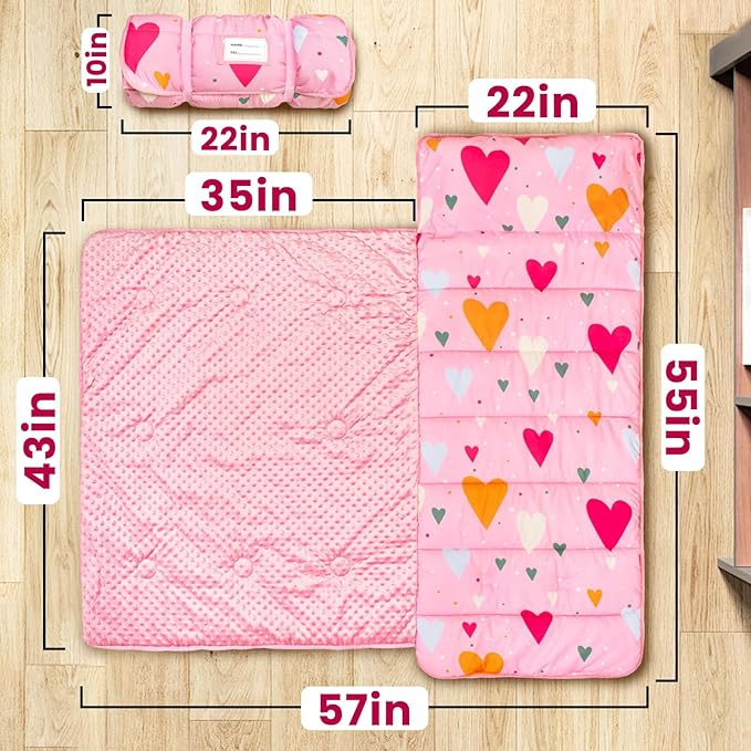 Beavtaens Toddler Nap Mat with Pillow and Minky Blanket, Large 55"x35" Sleeping Bag, Washable, Lightweight, Easy to Roll, Perfect for Preschool, Daycare, Kindergarten, Travel, Boys and Girls(Hearts)