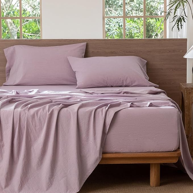 MooMee Bedding Sheet Set 100% Washed Cotton Linen Like Textured Breathable Durable Soft Comfy (Heathered Light Purple, King)