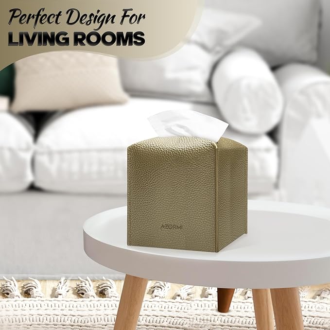 Tissue Box Cover Holder, PU Leather Tissue Box Cover Square with Bottom Belt, Cube Tissue Holder for Bathroom, Modern Organizer for Car, Office, Tabletop (Gold)
