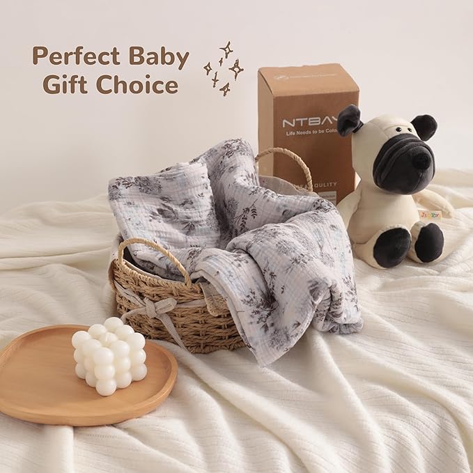 NTBAY 2 Layer Muslin Cotton Baby Swaddle Blanket, 42x60 Soft and Breathable Receiving for Newborns and Infants, Perfect for Crib, Stroller, Travel, Lightweight Nursery Blanket, Vintage Bloom