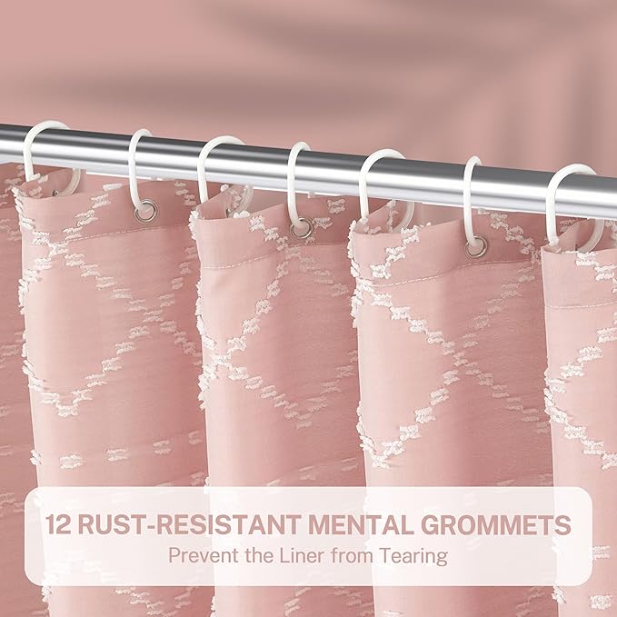 Extra Long Pink Textured Boho Shower Curtain with Tassels 72 x 78 Tufted Chevron Striped Chenille Woven Fabric Cloth Shower Curtain Modern Farmhouse Minimalist, Shabby Chic Home Decor for Bathroom