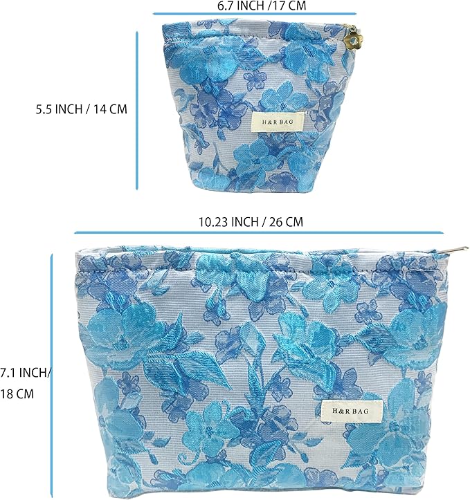 getgto 2 Pcs Makeup Bags, Large Cosmetic Bag Travel Toiletry Bag Organizer for Women, Embroidery Craft, Floral Makeup Bag Small Cosmetic Pouch Purse with Zipper Gifts for Girls Teen