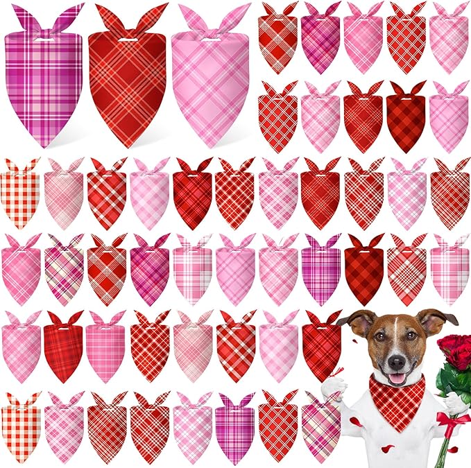 Abbylike 50 Pcs Valentines Day Plaid Dog Bandanas Bulkpink Red Bandanas for Dogs Triangle Kerchief Bibs Scarf for Pet Romantic Costume Photo Props Accessories Pet Shops Groomers (25.6 x 17.7 x 17.7)