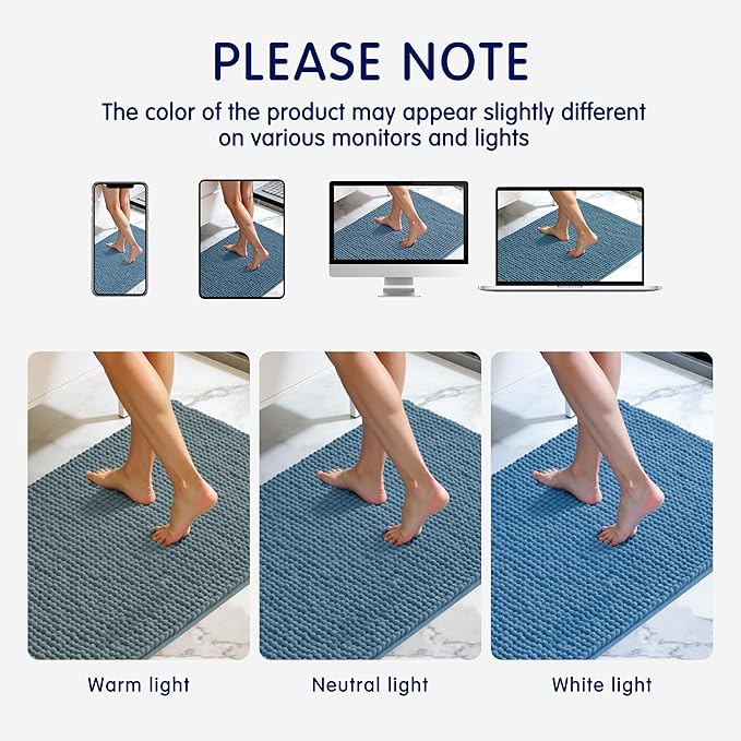 SUBRTEX Bathroom Rugs, 20" x 32" Chenille Bath Rug Soft Short Plush Bath Mat Soft Shower Mat Water Absorbent Shower Mat Quick Dry Machine Washable, Stone Blue