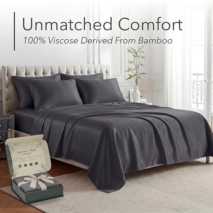 DECOLURE 100% Viscose Derived from Bamboo Sheets Full Size - Luxury 6 Pc Naturally Cooling Sheets, Ultra Soft Bed Set - Deep 17" Pockets, Durable Double Stitching, Oeko Tex Standard (Charcoal)