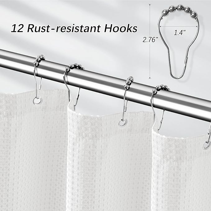 PANGSINNE White Shower Curtain for Bathroom 84 Inches Long, Waffle Textured Heavy Duty Extra Long Waterproof 256GSM Weighted Beige Shower Curtains with 12 Metal Hooks, 72Wx84H