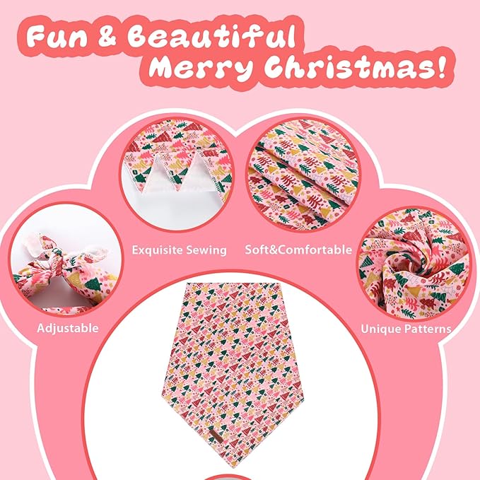 UP URARA PUP Christmas Dog Bandana–Pink Christmas Tree Triangle Scarf for Small Medium Large Dogs, Soft Cotton Pet Bib for Winter & New Year, Adjustable Dog Kerchief