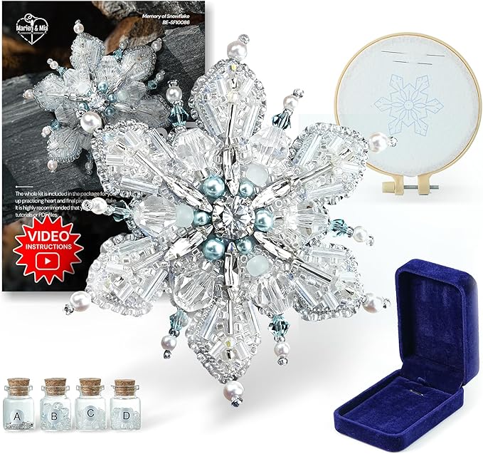 Relime Bead Embroidery Starter Kit w Step-by-Step Video Tutorials, Snowflake Craft Kit Hand Embroidery Kit with Patterns, Handmade Jewelry DIY for Adults and Kids