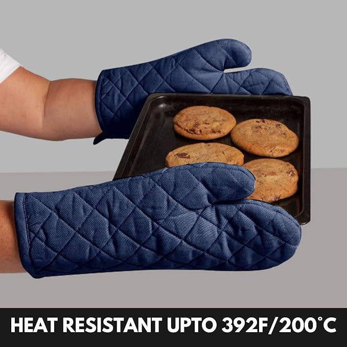 Oven Mitt (7"x13") & Pot Holder (8"x8") 100% Cotton Set of Heat Resistant Oven Gloves & Hot Pads for Gifts, BBQ, Cooking, Baking, Thanksgiving - Navy Blue