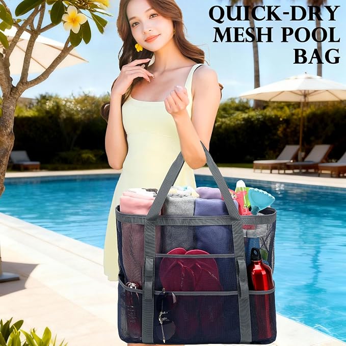 Fammart Mesh Beach Bag, Large Beach Tote with Zipper Pocket for Family Pool Bag for Toys & Vacation Essentials