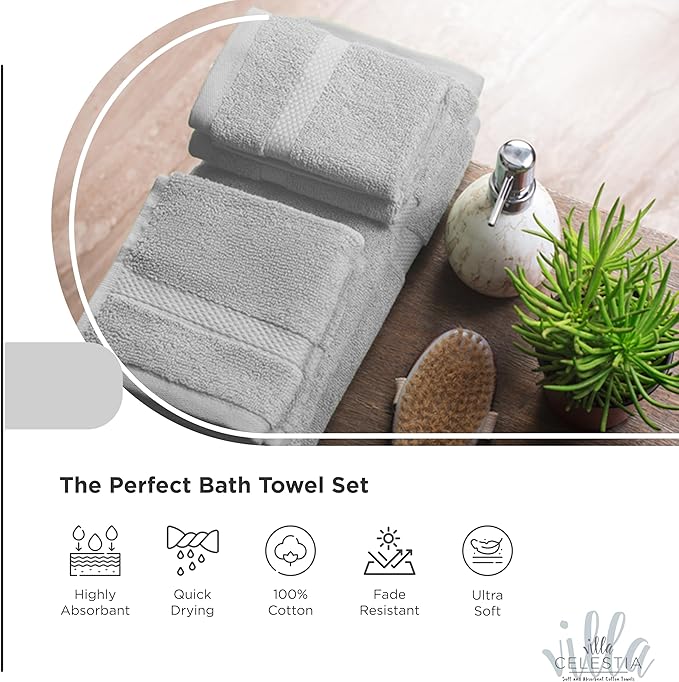 Villa Celestia 100% Cotton Bath Towel Set of 18-4 Bath Towels, 6 Hand Towels, 8 Wash Cloths, Sustainable, Soft, Highly Absorbent, Combed Cotton 18 Piece Set for Hotels, Spa, Bathroom, Dorm, Silver