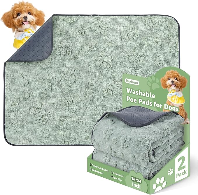 LOOBANI Washable Pee Pads for Dogs: 2 Pack Super Absorbent Reusable Puppy Pads , Leakproof and Waterproof Dog Training Pads with Pheromones for Potty, Floor, Crate, Couch Bed and Travel, 18"x24"