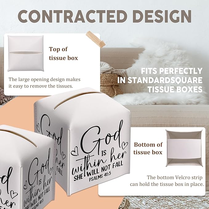 Christian Decorative Tissue Box Cover Square, Leather Tissue Box Dispenser, Inspirational Quote Gift Ideas for Bestie Friends, God is Within Her Decor for Bathroom Office-(5.2 Inches)