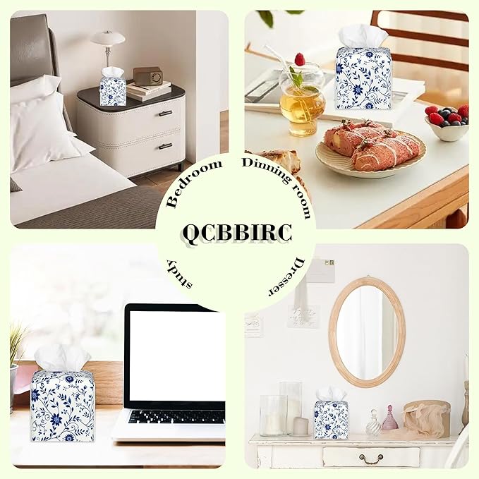 Blue and White Floral Tissue Box Cover,Abstract Boho Flowers Botanical Waterproof Leather Square Tissue Box Cover Case Facial Paper Organizer Dispenser Box Holder for Home Office Bathroom Vanity