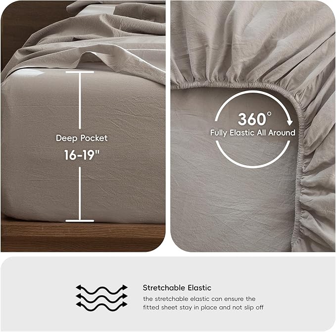 MooMee Bedding Sheet Set 100% Washed Cotton Linen Like Textured Breathable Durable Soft Comfy (Heathered Cream Grey, Split King)