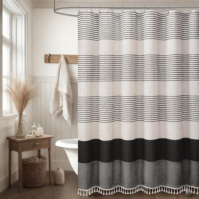 XOGUIBO Black Shower Curtain Boho Linen Striped Shower Curtains for Bathroom with Tassel 72 X 72