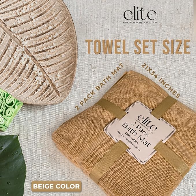ELITE Emporium Home Collection 2-Piece Cotton Bathroom Mat Set, 21" x 34" - 100% Cotton, Absorbent, Quick-Dry, Bath Towel Mats for Floor, Beige [Not a Bathroom Rug]