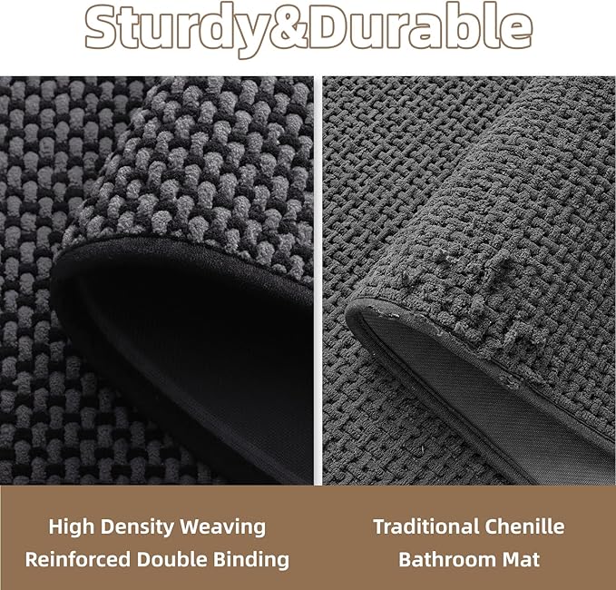 PADOOR-Bath Mat-Super Absorbent Chenille Bathroom Mats-Rubber Backed Bath Mats for Bathroom Non Slip, Easy Clean Bathroom Rugs Front of Bathtub,Shower Room,Sink-24×36, Darkgrey&Black